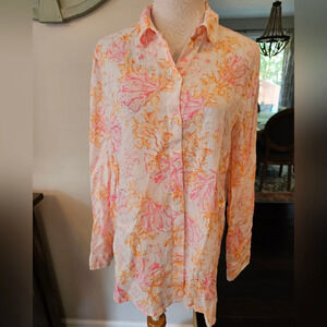 J. Jill Size Small Blouse 100% Linen Button Up Long Sleeve Coral Print Lagenlook